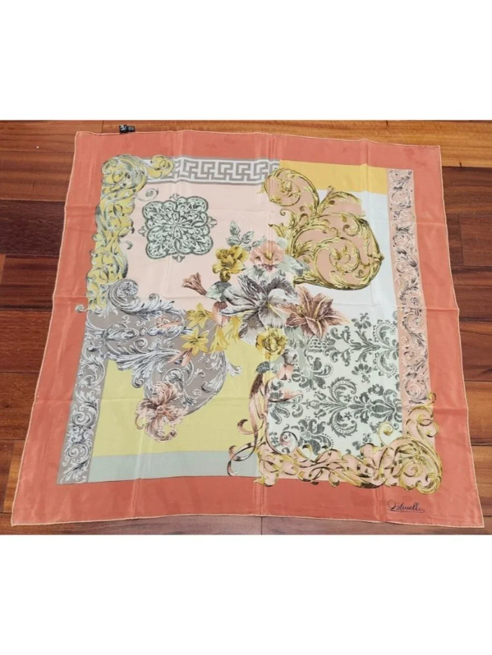 Ostinelli 100% Silk Scarf Floral Baroque Coral 33in x 33 in Made in Como